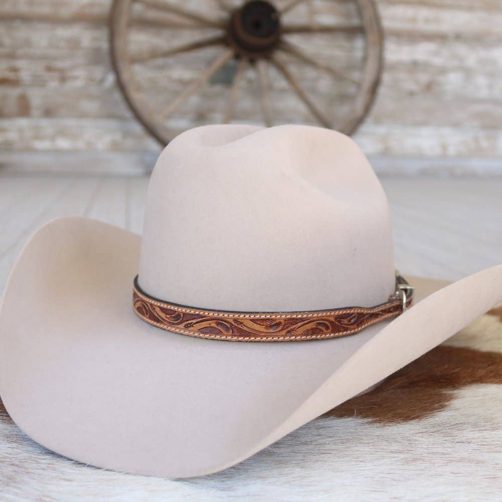 Brown Tooled Leather Buckle Hat Band